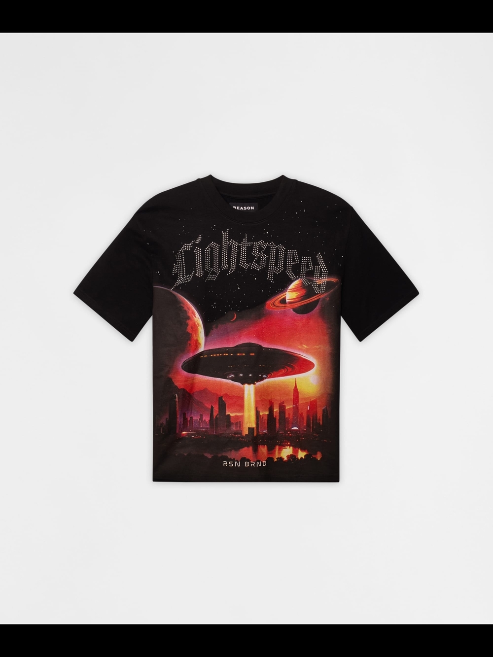 Reason Black Tee with Red and Orange UFO Graphic